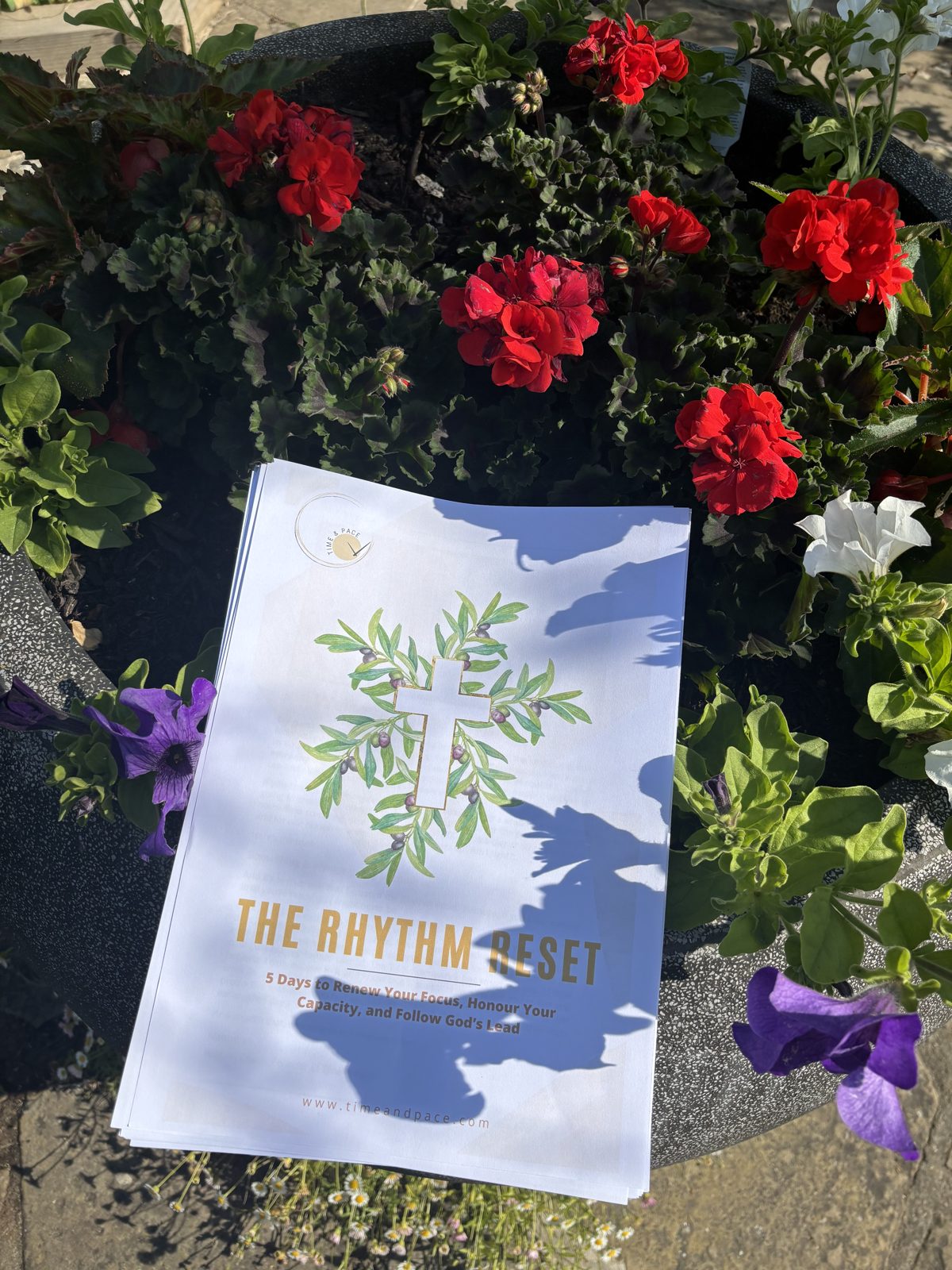 The Rhythm Reset printed workbook resting against a planter of red geraniums